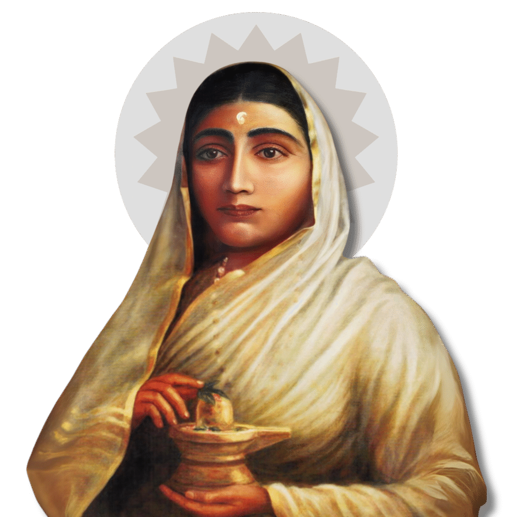 Portrait of Ahilyabai Holkar, the Maratha queen, wearing a white sari and holding a Shiva lingam, with a halo behind her head.